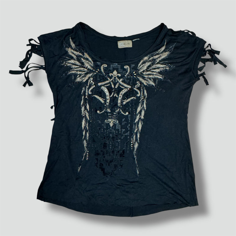 Sourced limited accessories and clothes Vintage Miss Me black rhinestones top – Secondhand Streetwear