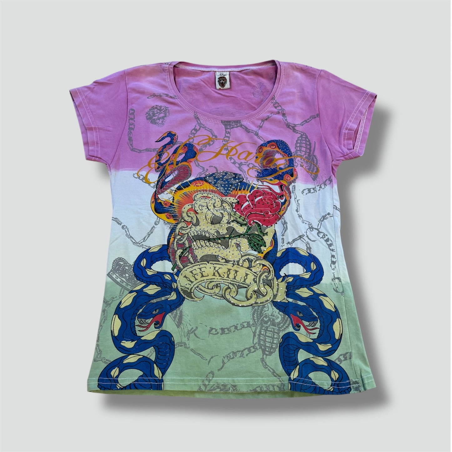 Ed Hardy rhinestones y2k pink skull shirt