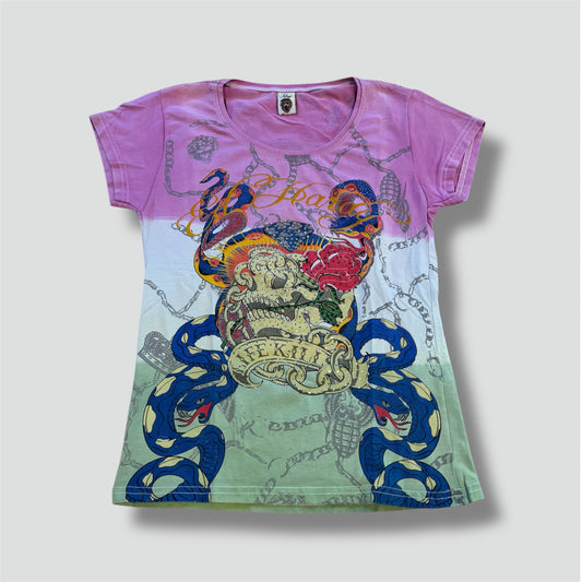 Ed Hardy rhinestones y2k pink skull shirt