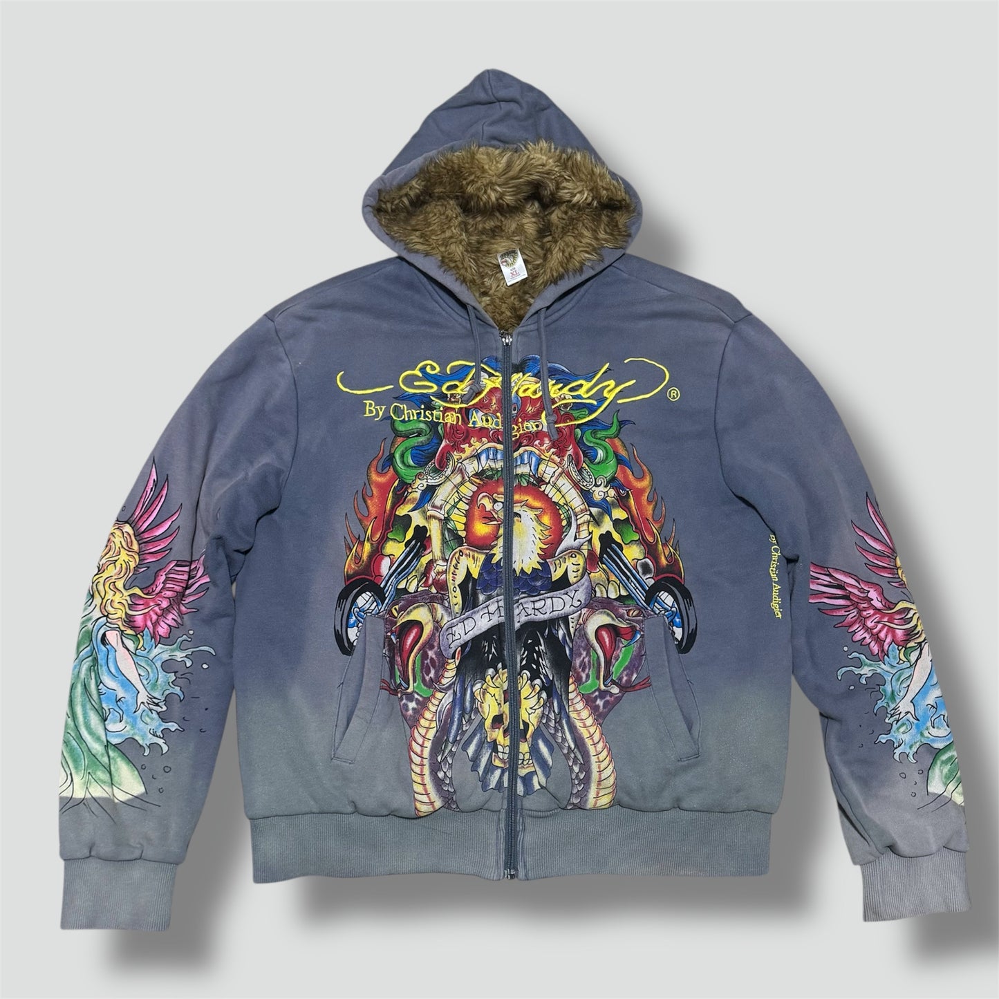 Ed Hardy vintage y2k embroidered fur hoodie