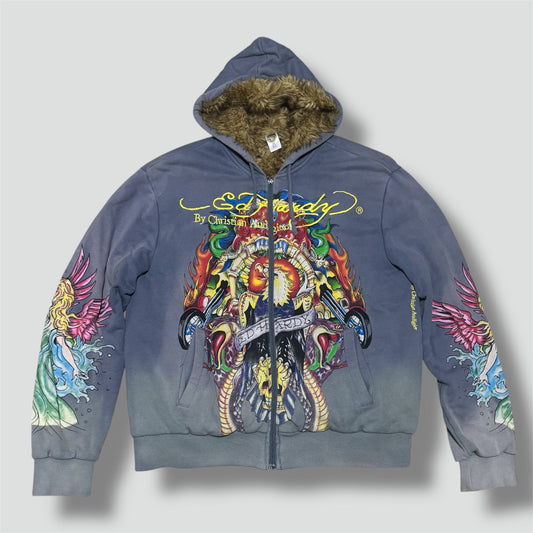 Ed Hardy vintage y2k embroidered fur hoodie