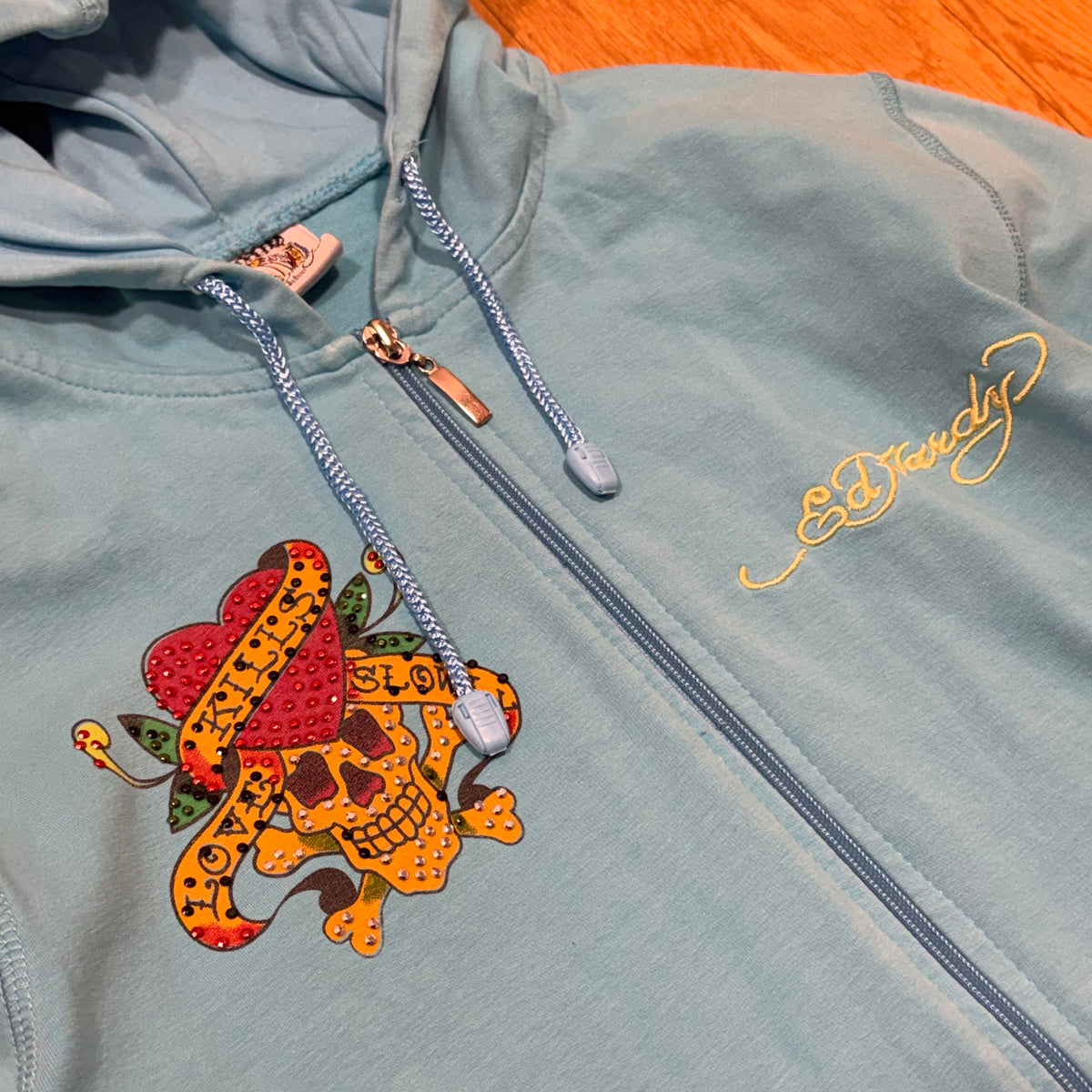 Ed hardy babyblue y2k rhinestones hoodie – Close-up 1