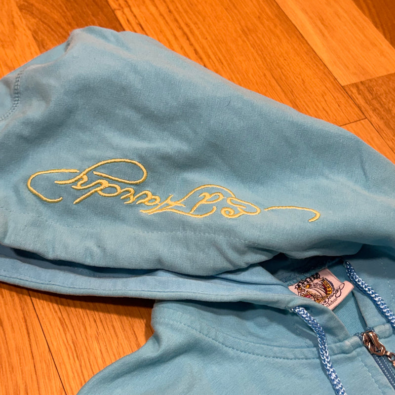 Detailansicht: Sourced limited accessories and clothes Ed hardy babyblue y2k rhinestones hoodie – Logo, Nähte oder Material
