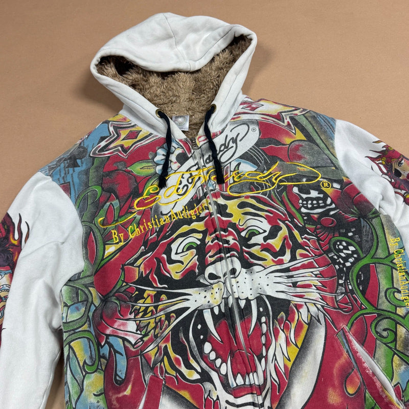Detailansicht: Sourced limited accessories and clothes Ed Hardy vintage graphic fur zip-up jacket – Logo, Nähte oder Material