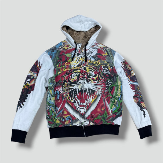 Ed Hardy vintage graphic fur zip-up jacket