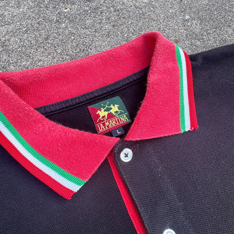 Detailansicht: Sourced limited accessories and clothes La Martina Ferrari vintage retro polo shirt – Logo, Nähte oder Material