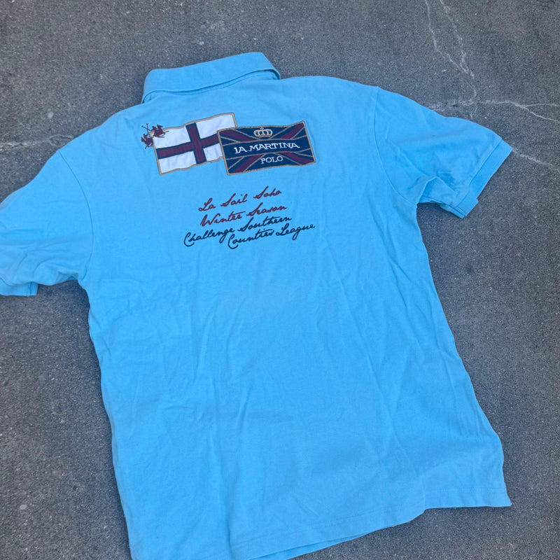 Detailansicht: Sourced limited accessories and clothes La Martina skyblue England vintage poloshirt – Logo, Nähte oder Material