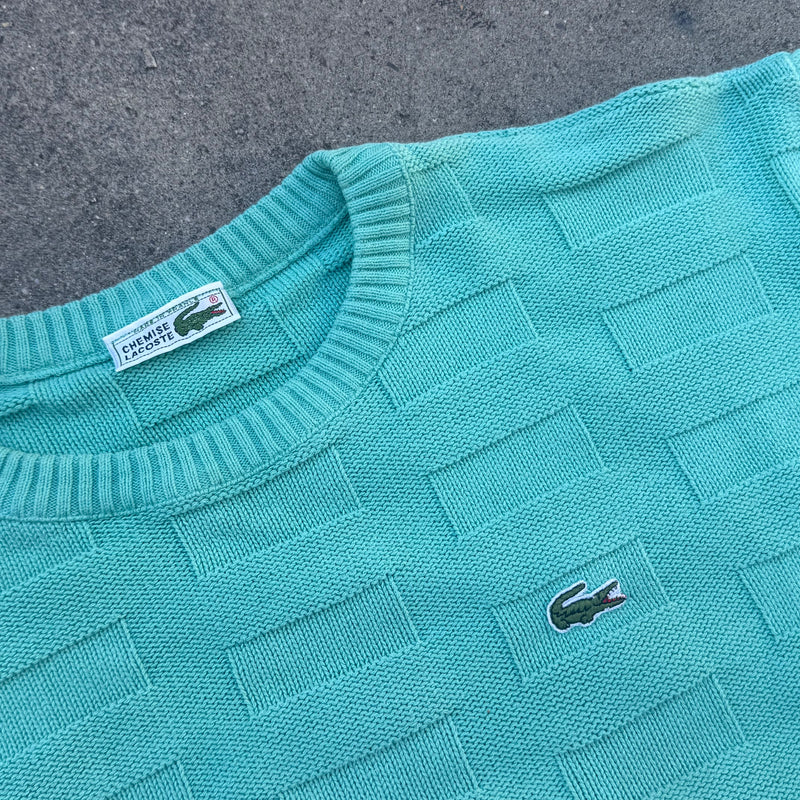 Detailansicht: Sourced limited accessories and clothes Lacoste vintage knitted turquoise sweatshirt – Logo, Nähte oder Material