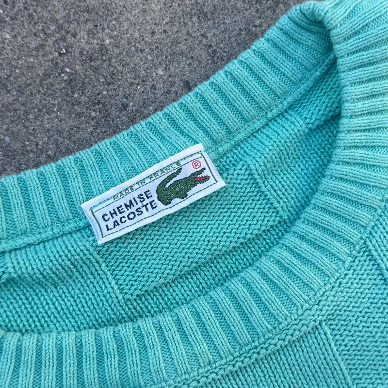 Detailansicht: Sourced limited accessories and clothes Lacoste vintage knitted turquoise sweatshirt – Logo, Nähte oder Material