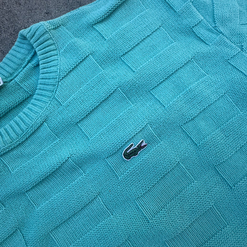 Detailansicht: Sourced limited accessories and clothes Lacoste vintage knitted turquoise sweatshirt – Logo, Nähte oder Material