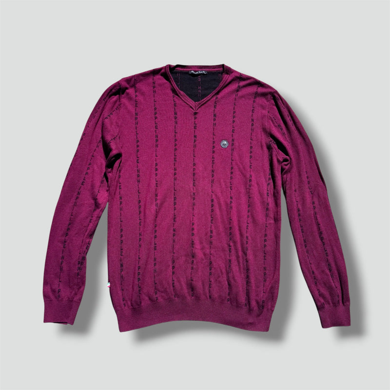 Sourced limited accessories and clothes Philipp Plein monogram burgundy V-neck sweater – Secondhand Streetwear