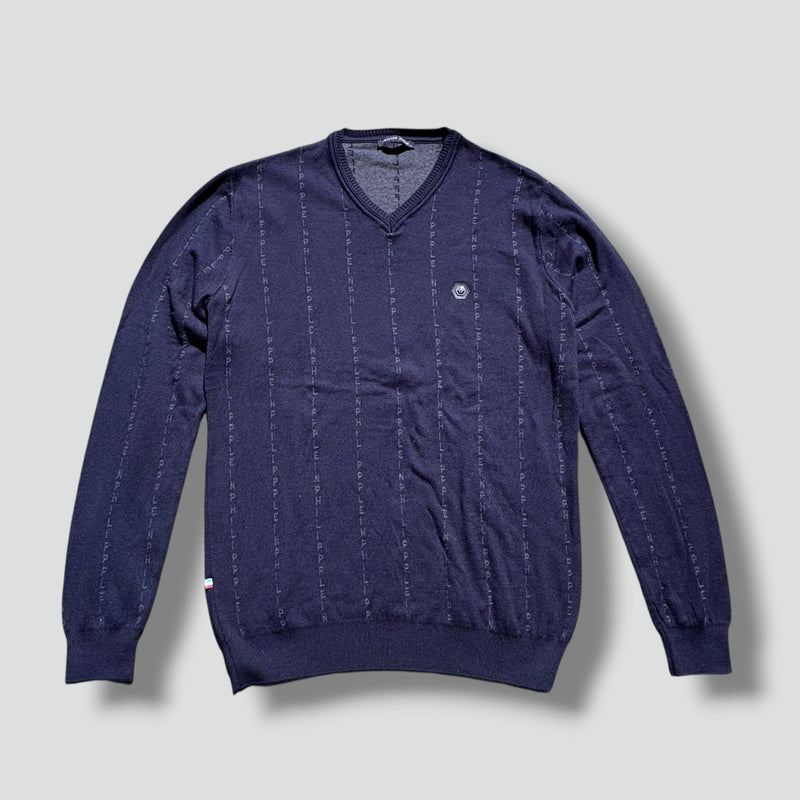 Sourced limited accessories and clothes Philipp Plein monogram navy-blue V-neck sweater – Secondhand Streetwear