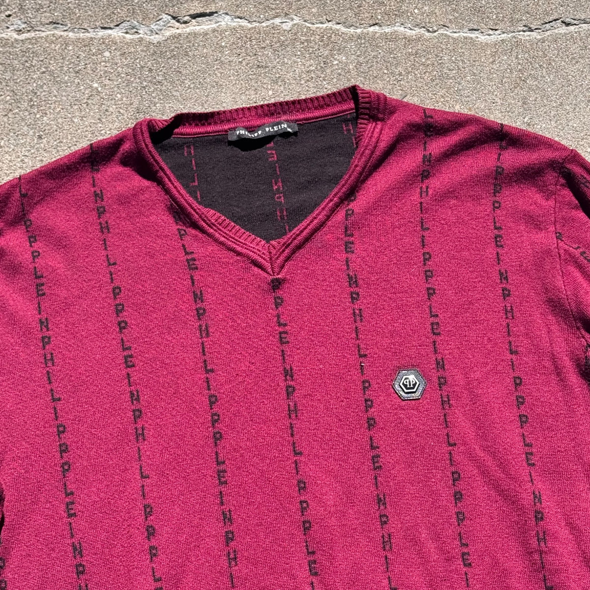 Philipp Plein monogram burgundy V-neck sweater