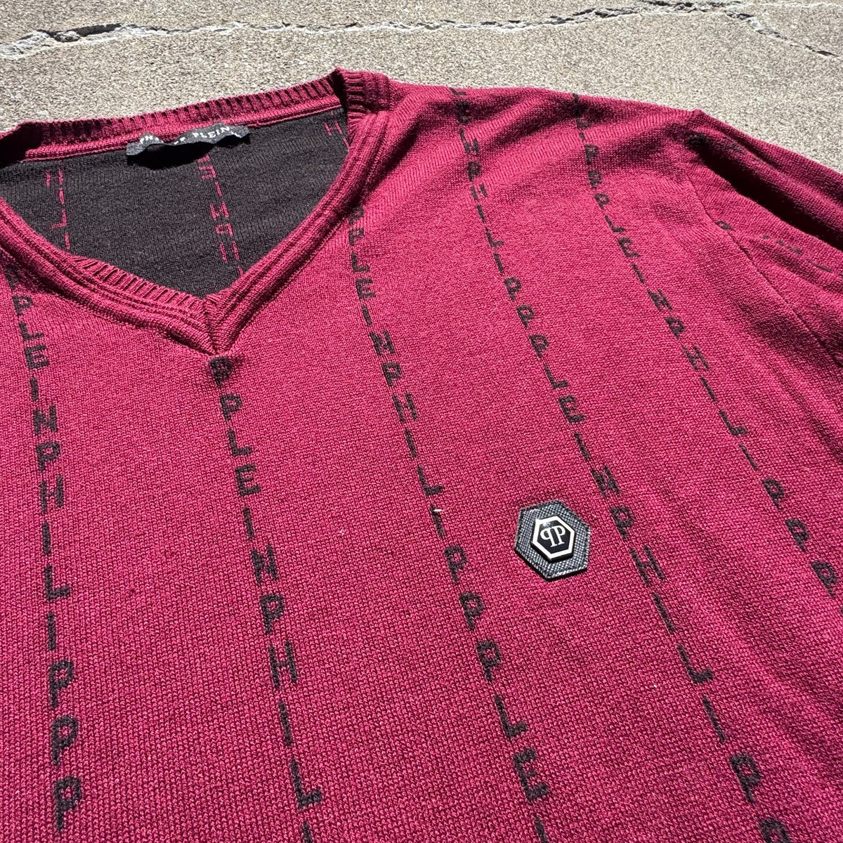Philipp Plein monogram burgundy V-neck sweater