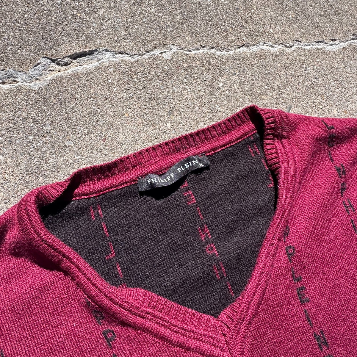 Philipp Plein monogram burgundy V-neck sweater