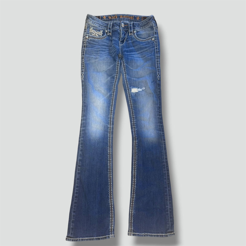 Detailansicht: Sourced limited accessories and clothes Rock Revival bootcut vintage ripped jeans – Logo, Nähte oder Material