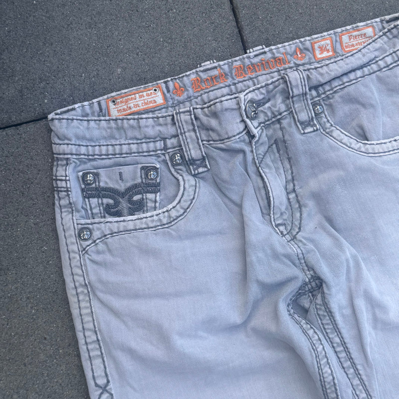 Detailansicht: Sourced limited accessories and clothes Rock Revival vintage grey baggy jeans – Logo, Nähte oder Material
