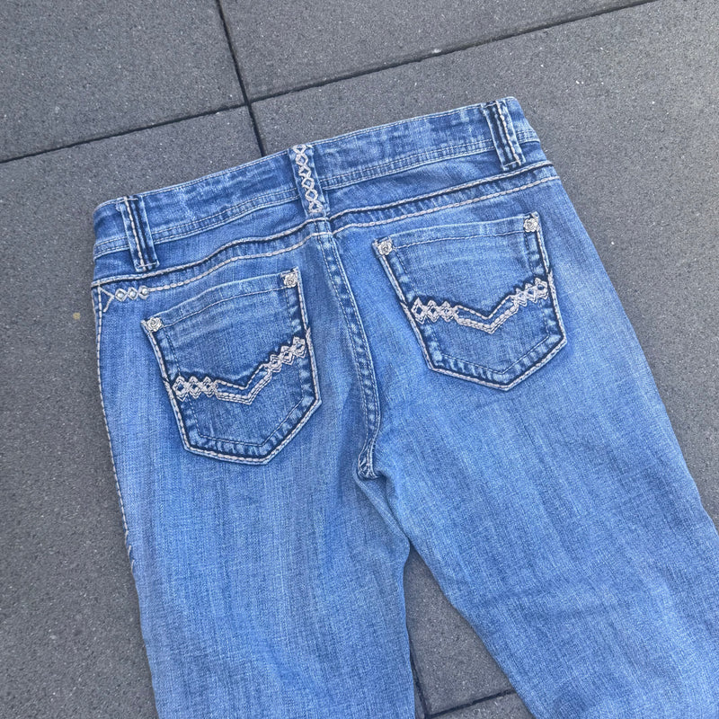 Detailansicht: Sourced limited accessories and clothes Rose Royce y2k bootcut vintage jeans – Logo, Nähte oder Material