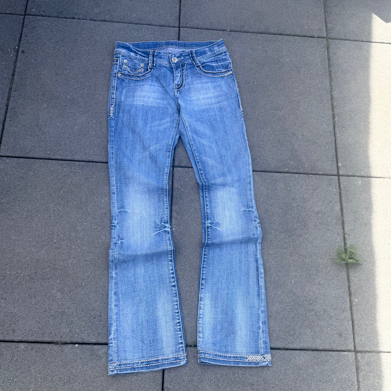 Detailansicht: Sourced limited accessories and clothes Rose Royce y2k bootcut vintage jeans – Logo, Nähte oder Material