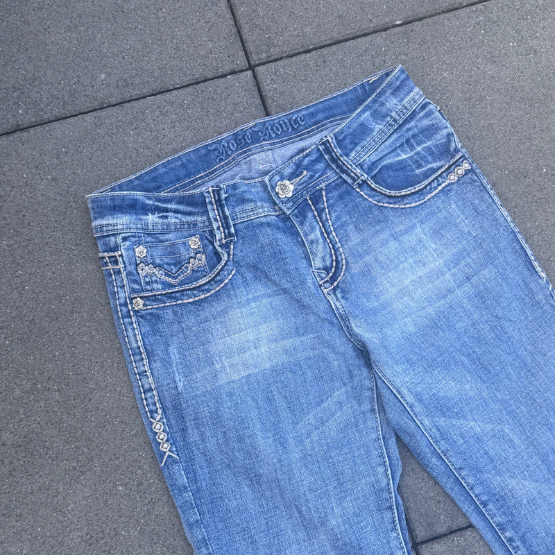 Detailansicht: Sourced limited accessories and clothes Rose Royce y2k bootcut vintage jeans – Logo, Nähte oder Material