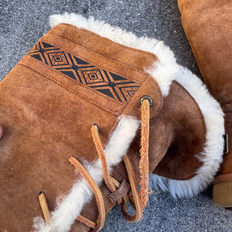 Detailansicht: Sourced limited accessories and clothes UGG fur brown winter boots – Logo, Nähte oder Material