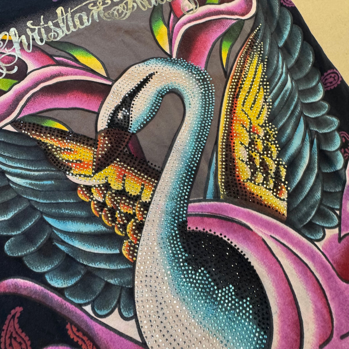 Vintage Y2K "Swan" rhinestones t-shirt by Christian Audigier – Close-up 2
